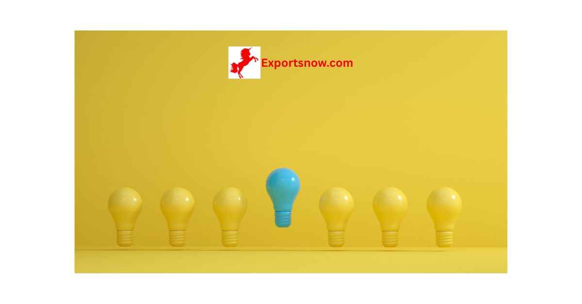 Μια μπλε λάμπα ξεχωρίζει ανάμεσα σε έξι κίτρινες λάμπες - σύμβολο καινοτομίας και διαφοροποίησης για ΜμΕ